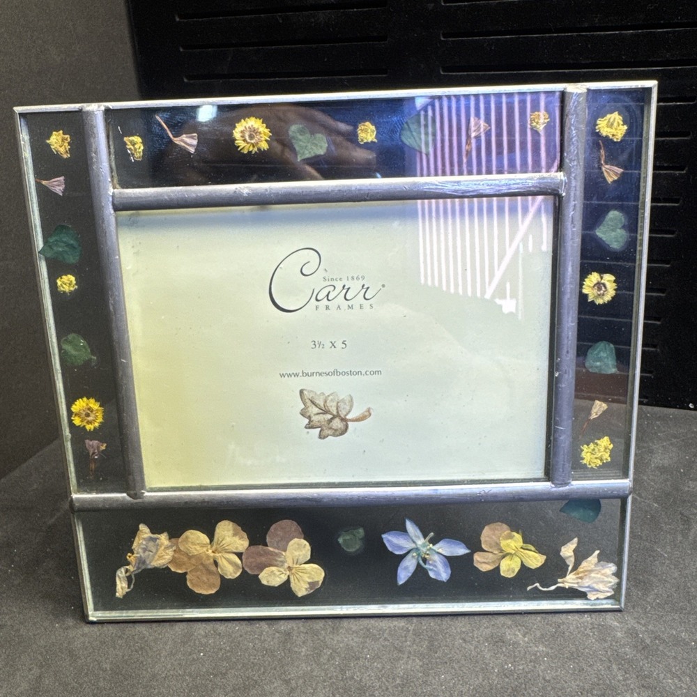 Vtg Carr Leaded Glass Picture Photo Frame Dried‎ Press Flowers Between 3 1/2 x5"